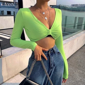 

WannaThis Neon Green Cropped Sexy V-Neck Long Sleeve Hollow Out Women Shirt Elastic Fashion Spring New Streetwear Cut Tees Solid