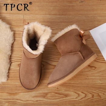 

TPCR Sheepskin Leather Wool Fur Lined Women Short Ankle Winter Suede Snow Boots with Bowknots Mink Fur Tassels dusk Warm Shoes