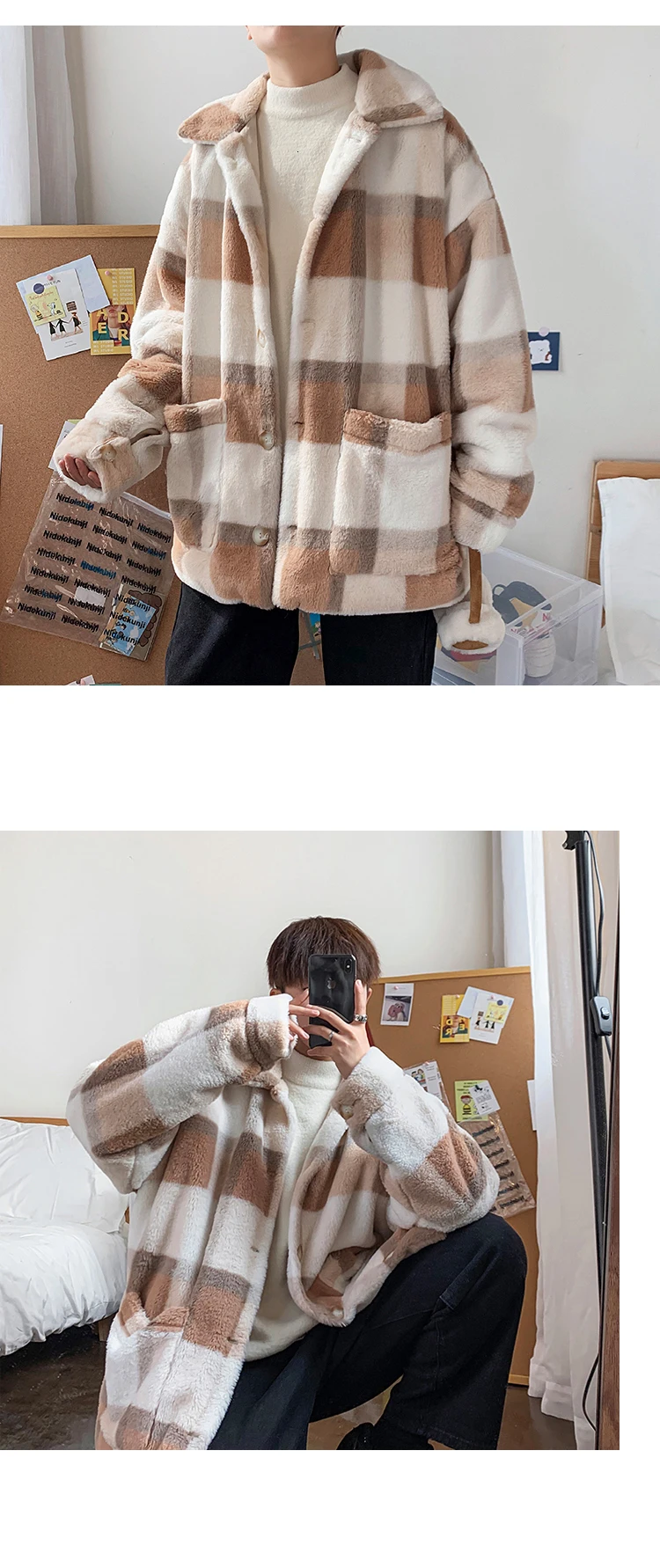 Winter Thick Plaid Coat Men's Warm Parka Men Fashion Casual Couple Coat Street Wild Loose Lapel Cotton Jackets Male Clothes