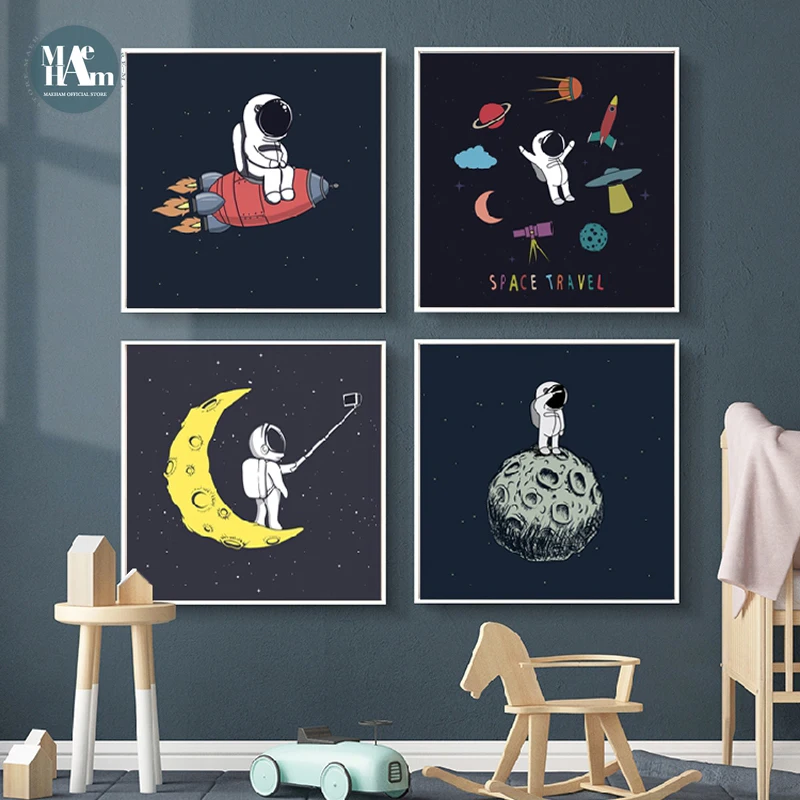 

Cartoon rocket Astronauts Nursery Wall Picture Poster Print Boy bedroom Modern Canvas Painting Kids Children Wall Art Mural