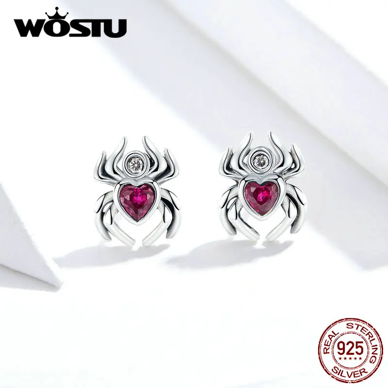 WOSTU, Новое поступление, 925 пробы, Серебряный гвоздик в виде паука, серьги для женщин, розовый циркон, маленькие серьги, вечерние ювелирные изделия на Хэллоуин, CQE765