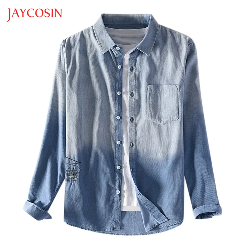 Joycosin, осенне-зимняя мужская рубашка, модная мужская одежда, вымытый старый деним, длинный рукав, воротник с отворотом, мужская рубашка с карманами, топы