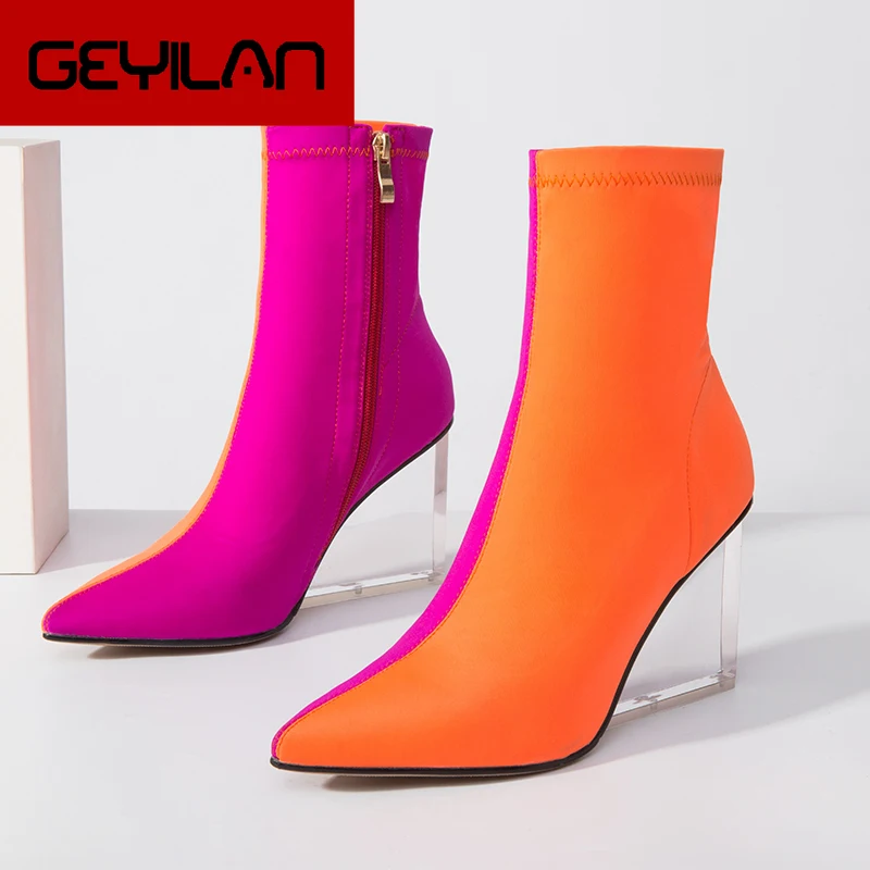 

Fashion Mixed Colors Ankle Boots Women Wedges High Heels Stetch Boots High Quality Autumn Winter Candy Colors Ladies Shoes