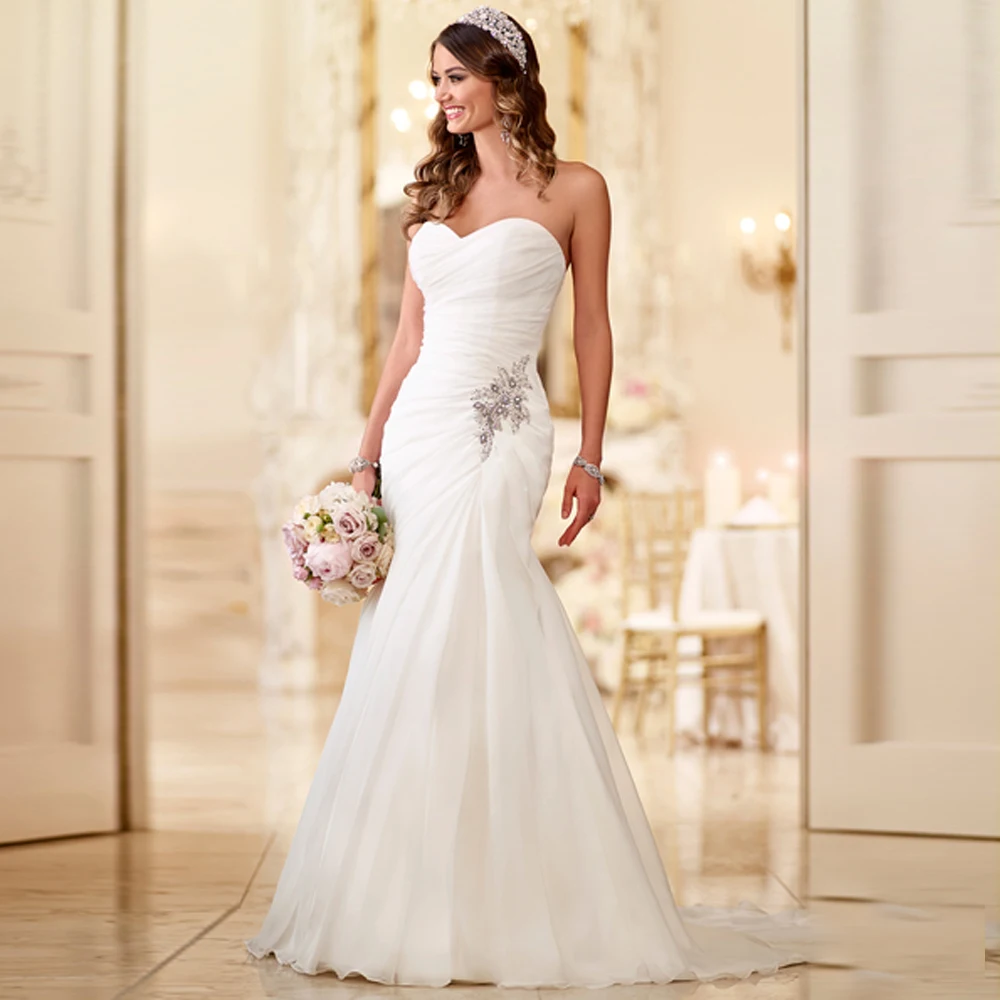 

CHIFFON PLEAT CRYSTALS SWEETHEART NECK WRAP TRUMPET WEDDING DRESSES GOOD SALE BRIDAL DRESS CUSTOM MADE