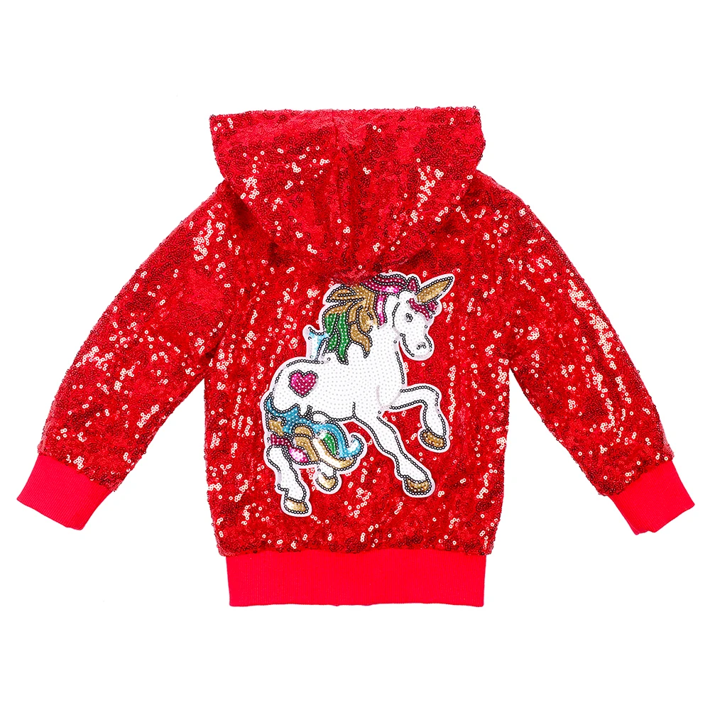 

Sequin Glitter Jacket Girls Unicorn Hoodie Red Long Sleeve Outerwear Kid Spring Autumn Christmas Halloween Hooded Coat Birthday
