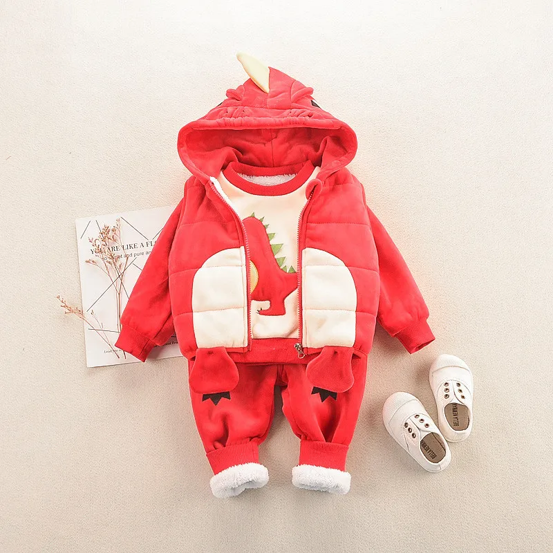 Красный 0-4 years winter boy girl clothing set casual thicker warm cartoon cute kid suit children baby clothing vest+hoodies+pant - Цвет: Красный