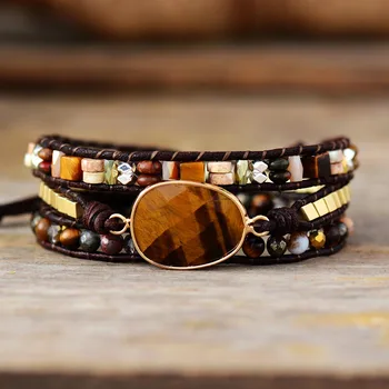 Men Women Brown Leather Wrap Bracelet W/ Tiger Eye Mixed Stones Beaded 3 Strands Bracelet Lovers Jewelry Wholesale Dropship