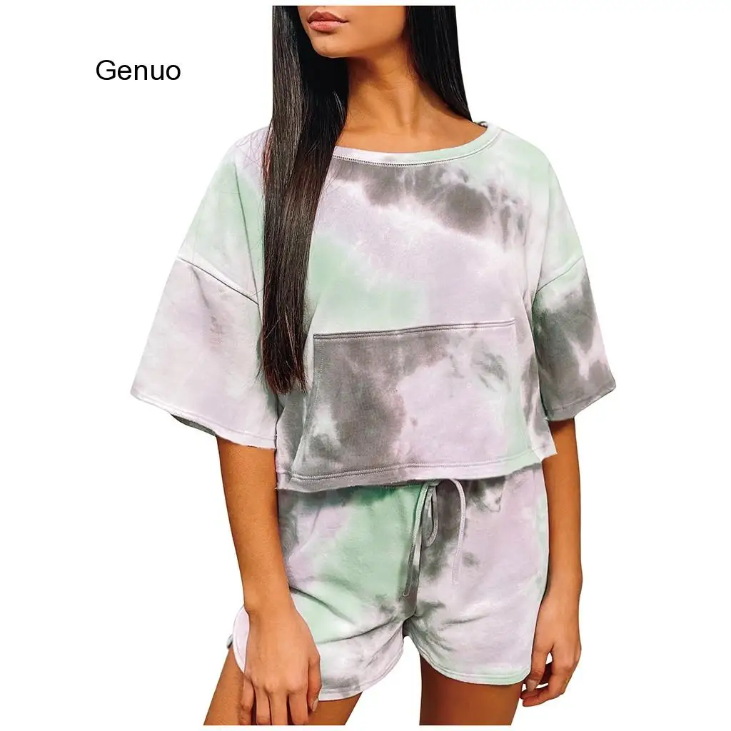 2020 New Tie Dye Printed Women Pajamas Sleeve Tops And Pants Hooded Pijamas Feminino Set Nightwear Casual Sleepwear Nightwear