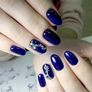 

24pcs/set Blue Rhinestone Fashion Style Design False press on Nails Round Short Nail Tips Patch Art Tool Bride Manicure Finished