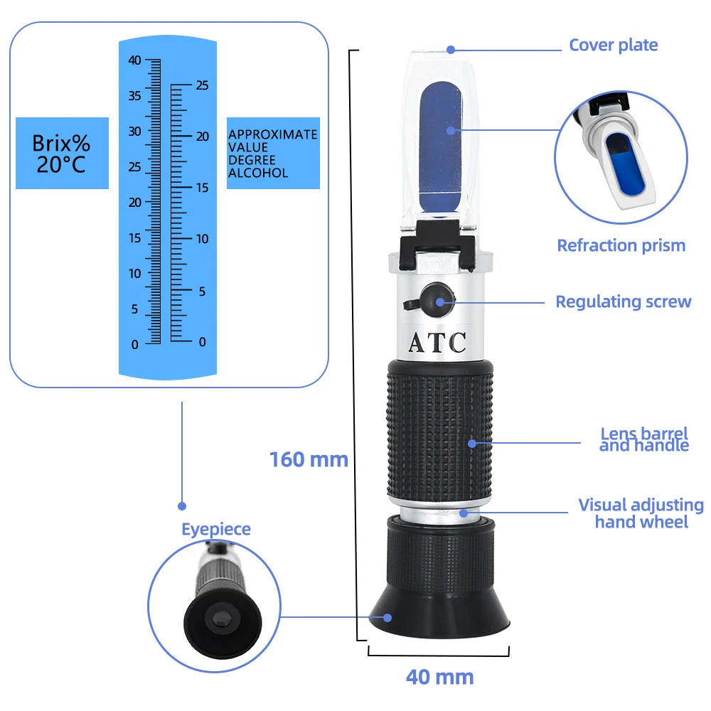 Alcohol Refractometer Handheld Alcohol Sugar Refractometer Tester Wine Concentration Meter Densitometer 0-25% Alcohol Beer 0-40% Brix Grapes Testing