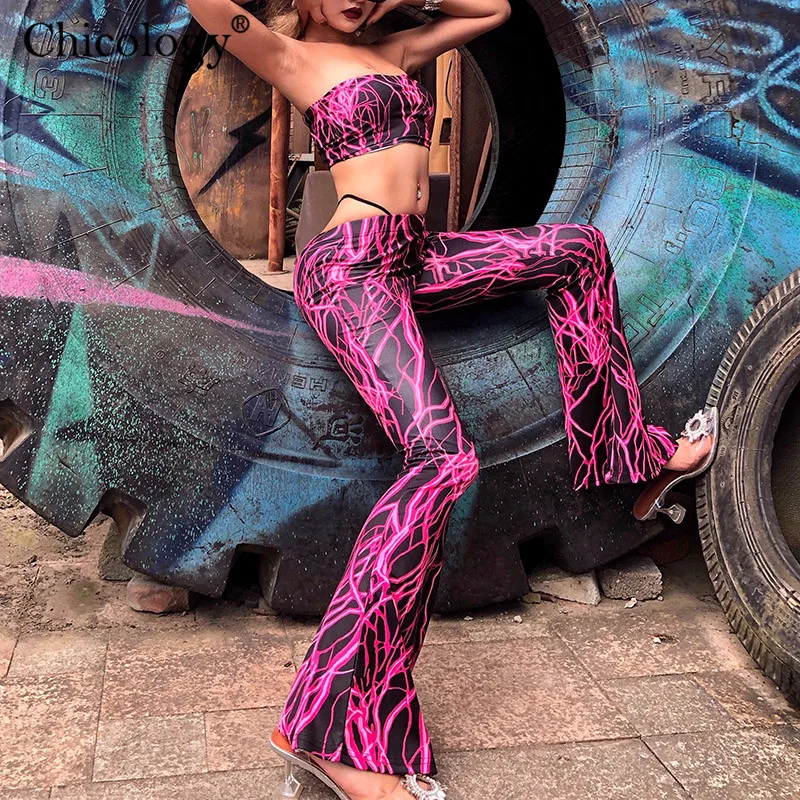  Chicology lightning print boob tube crop top flare pants 2019 summer 2 two piece matching co ord se