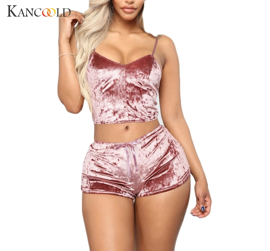 KANCOOLD US Модные женские бархатные пижамы из 2 предметов, сексуальные бархатные шорты с бретельками, пижамный комплект, Дамская пижама, Женский комплект для вечеринки