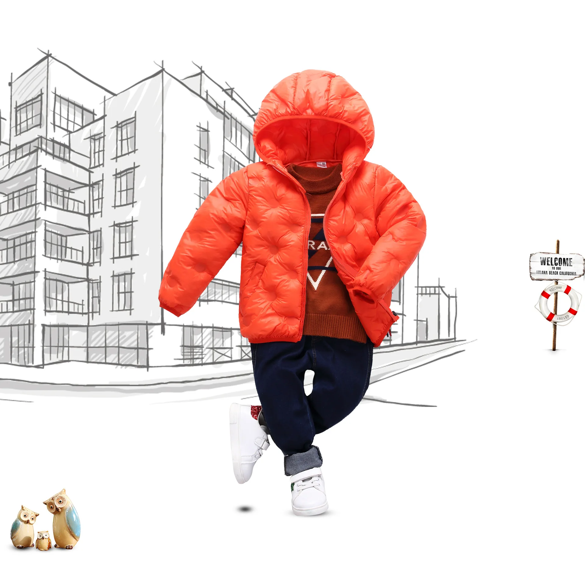 

Autumn and winter new children's thin section polka dot composite cloth hooded down cotton jacket men and women children cotton