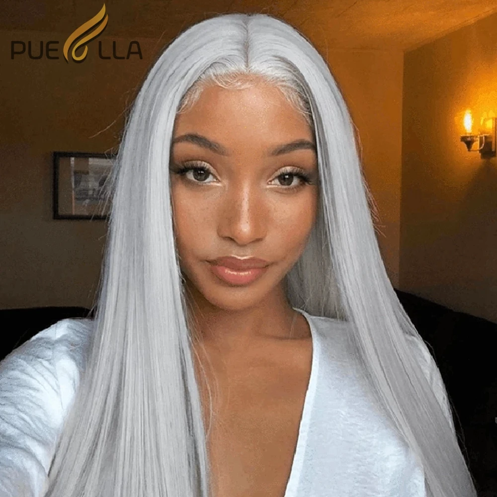 13x6 Lace Frontal Wig Preplucked Gray Straight Lace Front Wig Remy Brazilian Silver Grey Colored Human Hair Wigs For Women