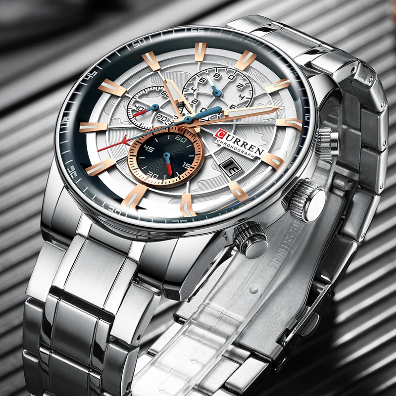 Skup Marka curren męskie zegarki luksusowe ze stali nierdzewnej zegarek kwarcowy mężczyźni sport zegarek na rękę zegarek z dużą tarczą Relogio Masculino