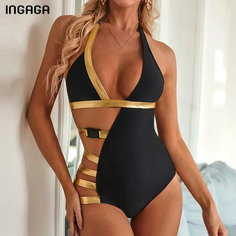 

INGAGA Sexy Cut Out One Piece Swimsuit Bandage Halter Swimwear Women Push Up V-neck Bodysuit 2020 Solid Patchork Beachwear