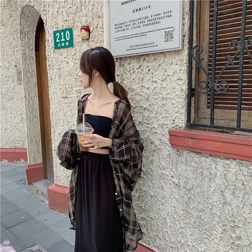 

Vintage Plaid Long Design Ismple Loose Botton Line Hooded 2019 Female Women Causal Long Sleeve Basic Outwear Female Shirts
