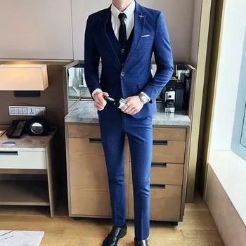 

Korean Mens Formal Suits Fashion 3pcs Business Man Office Work Slim Fit Blazer Set Plus Size 5XL Groom Vest Wedding Dess Suit