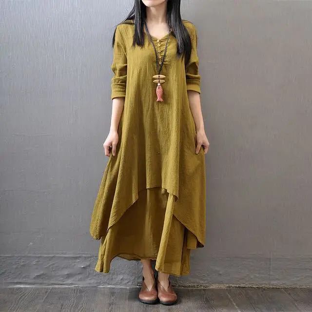 

Cotton Linen Dress Mock Two-Piece Women's Spring And Autumn 2019-Pregnant Women Ethnic-Style Large Size Loose-Fit Slimming Flax