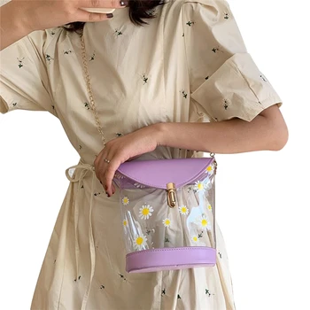 

2020 Fashion Trend Women Sweet Daisy Print Crossbody Chain Strap Lock Catch Transparent Shoulder Bag Clear Bucket Handbags