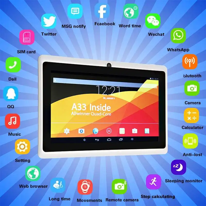 

2 Colors 7'' LCD Android 4.4 Tablet PC Quad Core 8GB Dual Camera bluetooth Wifi Kids Gift 188x121mm