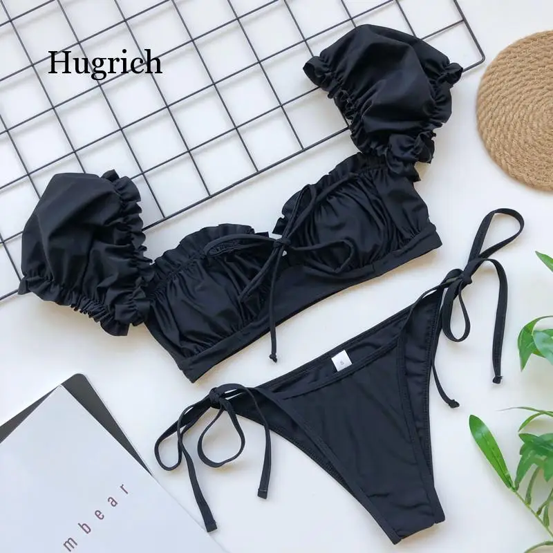 Solid White Ruffle Swimsuit Female Bandeau Bikini 2020 Short Sleeve Swimwear Women Tie Side Bathing Suit High Cut Biquini