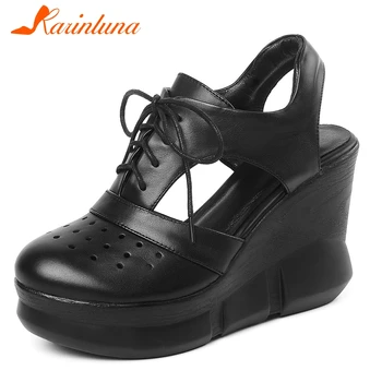 

KARINLUNA Brand Design Genuine Leather Lady Party Summer Sandals Fashion Wedges High Heels Platform Slippers Women Shoes Woman