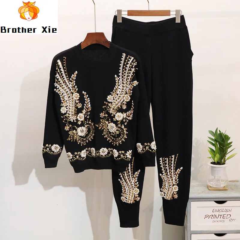 

Europe Knit Jumpsuit Women's Fall Winter Two Piece Sets Pearl Sequins Embroidery Long-sleeved Sweater + Harlan Pant Suit Ladies