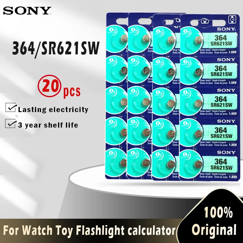 20 Uds Original Sony 364 SR621SW V364 SR60 SR621 AG1 LR621 164, 531, 1,55 V baterías de botón para reloj de juguete de control remoto móvil de la batería,