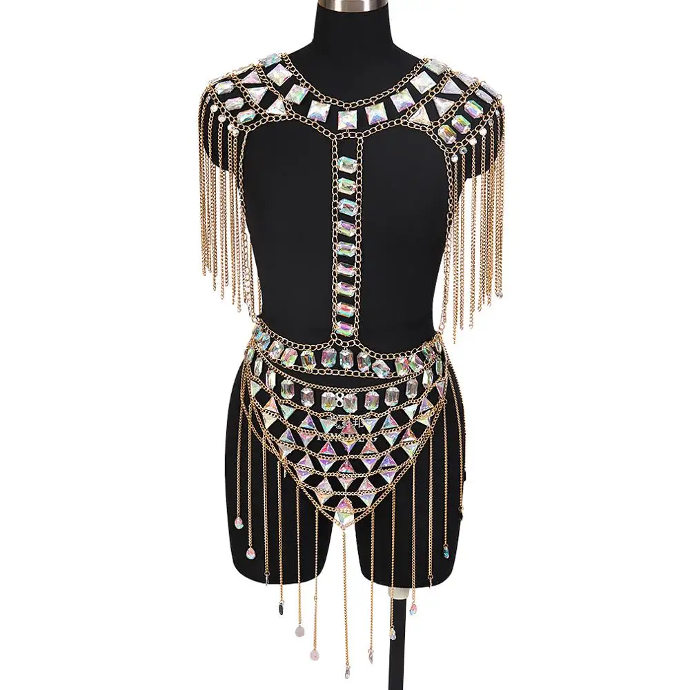 SL0023 Boho 1 комплект, металлическая цепочка, бюстгальтер на бретельках для тела, кристалл, нагрудный ремень, украшение с зажимом, блестки, клетчатый Топ, плюс размер, женская одежда в стиле рейв на Хэллоуин - Окраска металла: SL0023