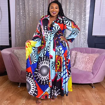 

5XL Plus Size Women Summer Dress Long Sleeve African Geometric Printed Casual Shirt Dresses Ladies Office Maxi Long Dress