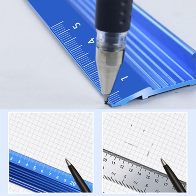 Metal Craft Safety Ruler L-Type Cutting Ruler Meal Alloy Anti-slip Straight  Ruler with Hanging Hole Drafting Tool Blue