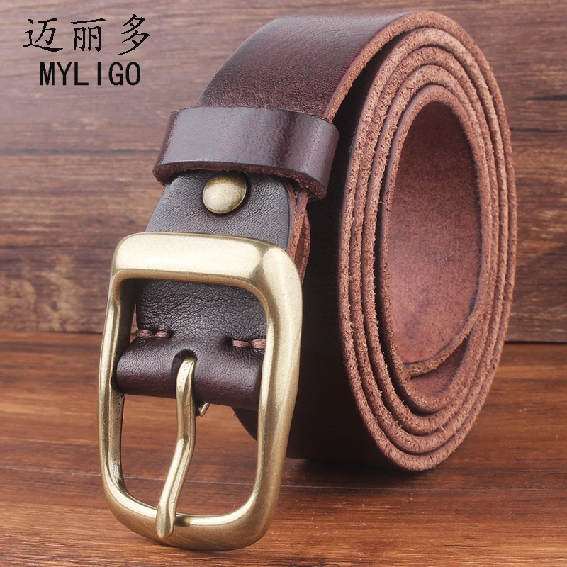 Brand Luxury Designer Belt vintage copper gold buckle full grain