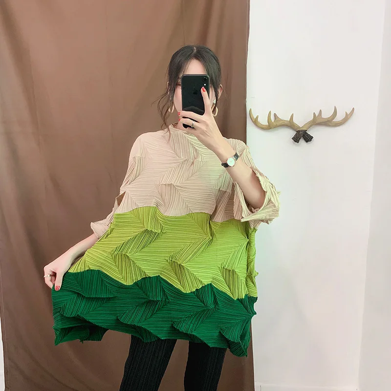 Женские топы больших размеров,, Осенние, новые, эластичные, Miyake, плиссированные, со стразами, в стиле пэчворк, воротник-стойка, Свободные повседневные футболки - Цвет: green