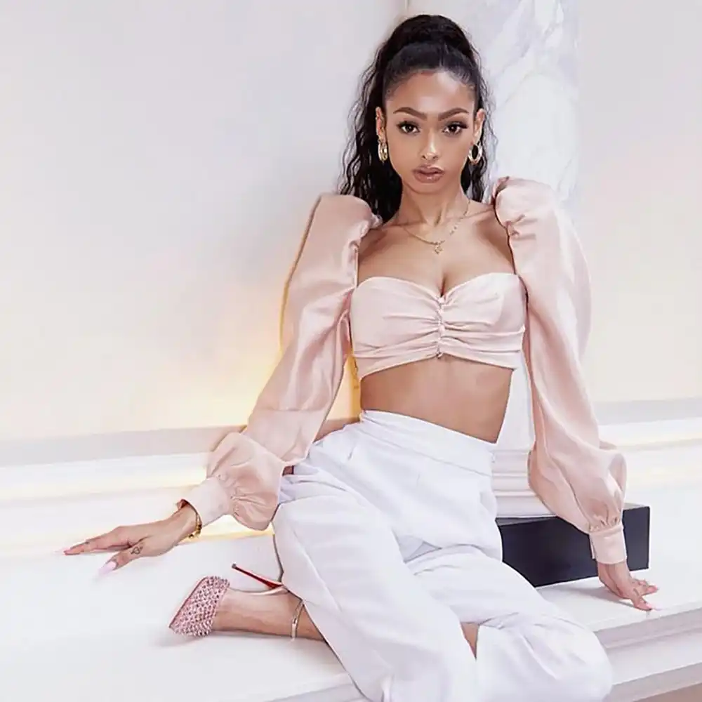 satin crop top long sleeve