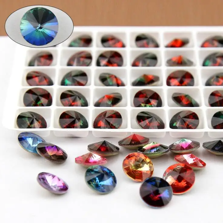 10 шт 12 мм Высокое качество K9 Стекло кристалл риволи турмалин круглые стразы конусные изысканный камень, много цветов