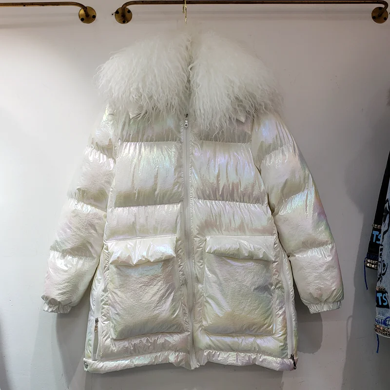 Зимнее женское пальто с воротником из натурального меха ягненка новая длинная