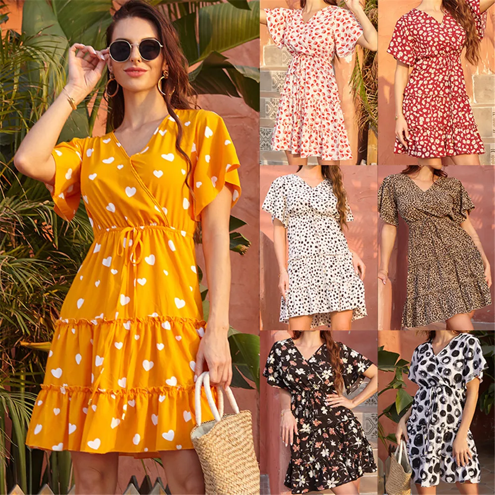

Chiffon Dot Print Drawstring Waist Lady Summer Dress V-Neck A-Line Short-sleeve Patchwork Dresses Women Casual Mid-length Dress