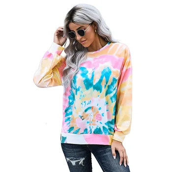 

Women's color matching tie dye round neck loose Pullover light print casual Pullover long sleeve Sweatshirt top sweater