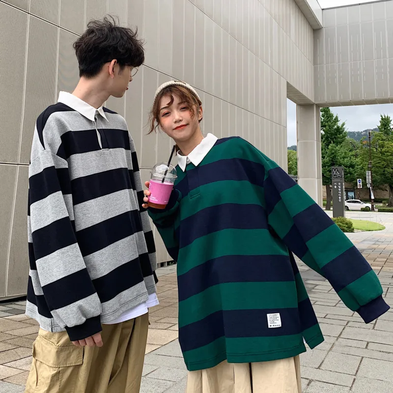 

2019 Autumn New Korean Version Of The Trend Japanese Couple College Wind Striped Lapel Long Sleeve Loose Casual POLO Shirt
