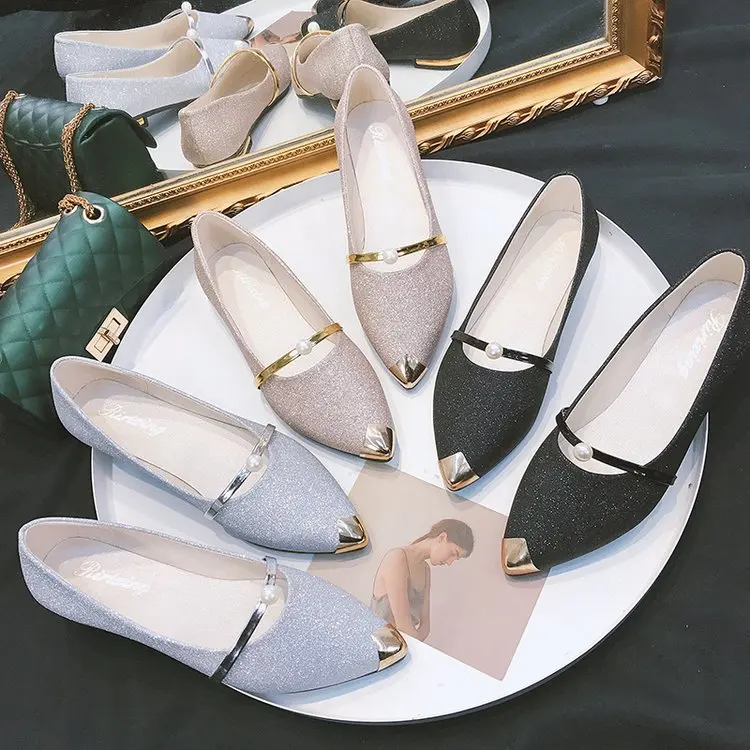 

2018 Spring New Style Korean-style Versatile Low-Cut Pearl Pointed-Toe Flat Top Shoes Women's Moccosins Maternity Shoes Women's