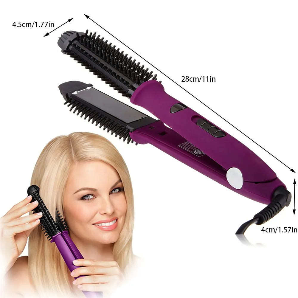 

Electric Travel Hair Curler Wand Brush Styling Tool for Anti-frizz Hair Curling Straightener Ceramic Flat Iron Styler Purple