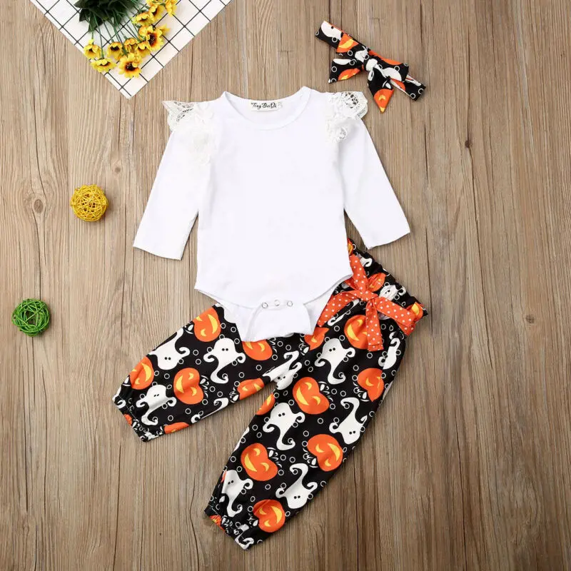 Newborn Baby Girl Boy Halloween Pumpkin Costume Long Sleeve Romper Ghost Pants Headband Outfits
