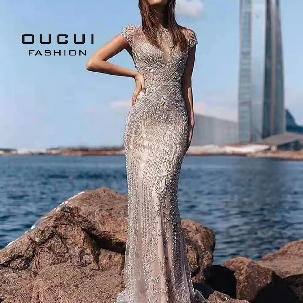 Online Oucui Dubai Perlen Prom Kleid Sexy Luxus Diamant Ärmel Nude Mermaid Lange Abendkleid Formale Kleid Robe De Soiree OL103466