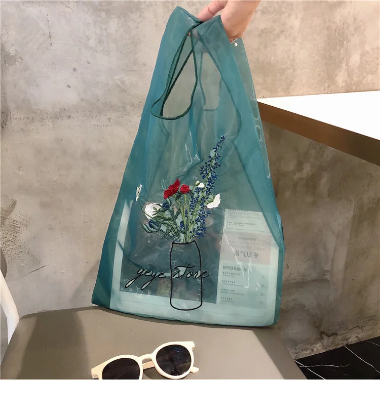 PGOLEGGY Original New Solid Color Totes Light Mesh Handbag Rose Embroidery Portable Shopping Bag Portable Elegant Girl Totes