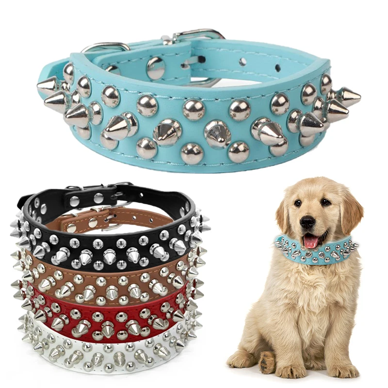 

PU Leather Dog Collar Adjustable Pet Neck Strap Cool Rivet Spiked Dog Collars Necklace Pet Collars for Small Medium Dogs