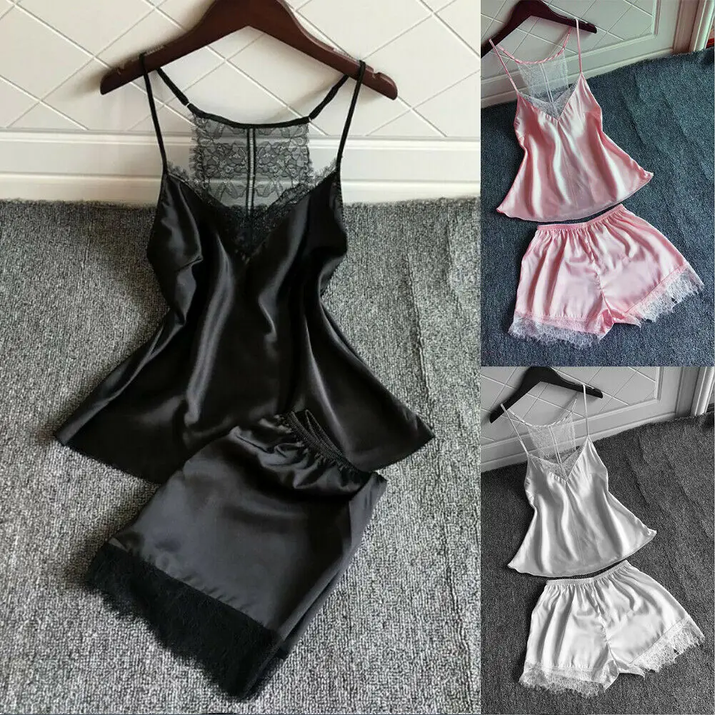 Women's New sexy sleeveless lace solid silk pajama sets 2020 summer hot sale elegant Nightdress Sleepwear female | Женская одежда