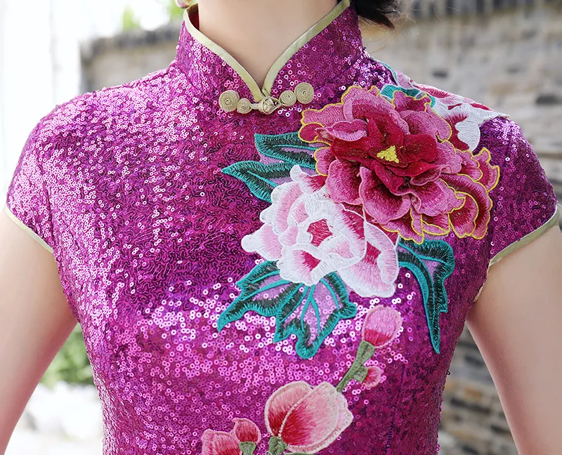 Китайский традиционный Чонсам лотоса блестки Cheongsam с коротким рукавом Cheongsam стройные Qipao показать Cheongsam Vestido плюс Размеры 5XL