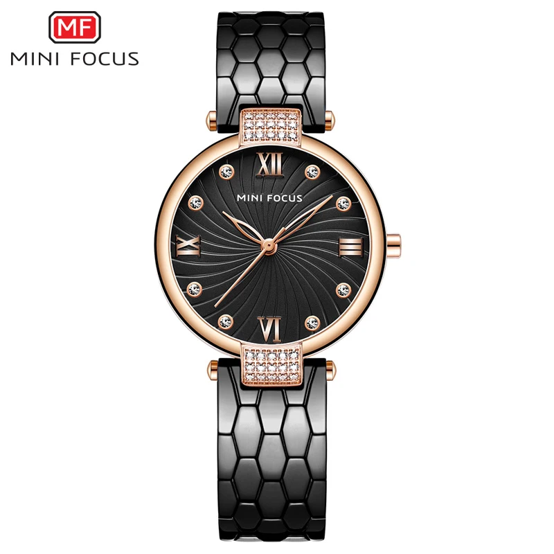 Мини фокус современная мода кварцевые часы женские ремешок из нержавеющей стали высокое качество повседневные часы Роскошный Алмаз женский Tabl - Цвет: rose black