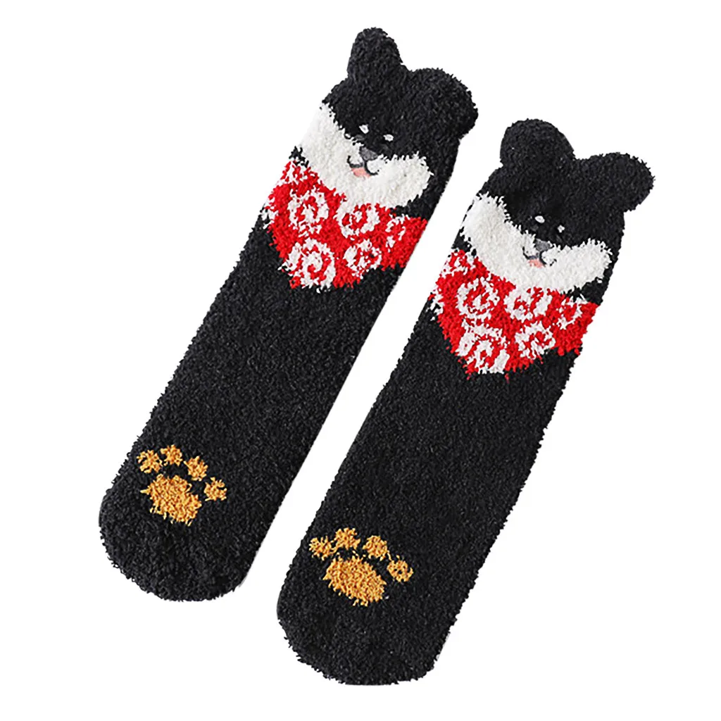 KANCOOLD зимние пушистые теплые носки-тапочки для женщин и девочек милые разноцветные бархатные плюшевые носки-тапочки с рисунком кота - Цвет: Черный